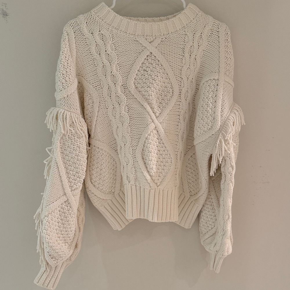 Line and Dot Fringe Cream Sweater